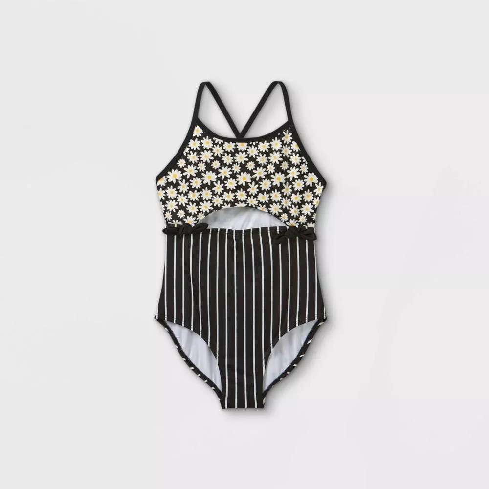 Girls' Daisy Print Front-Cut One Piece Swimsuit - art class- Black